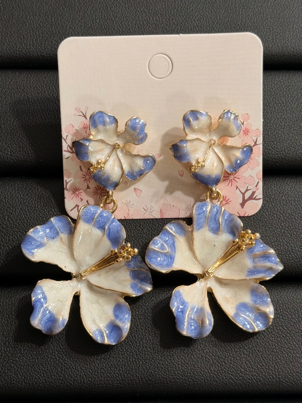 Golden Blue White Gradient Double-Layer Rose Hibiscus Dangle Statement Earrings